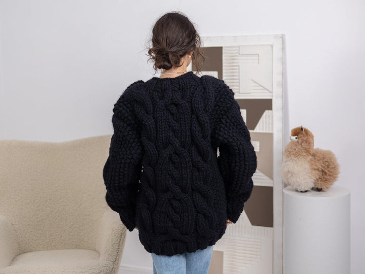 5-Strand Thick Black Wool Sweater – Massive Cable Knit Woolen Pullover T1668
