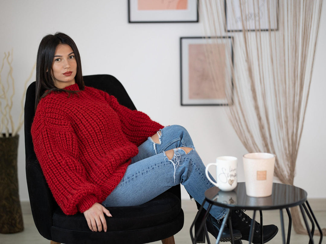 Wool Sweater Red Fisherman Ribbed Knit, Hand Knitted Warm Wool Jumper T1166