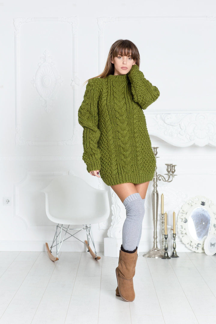 Wool Sweater Turquoise Cable Knit Turtleneck, Hand Knitted Virgin Wool Chunky Pullover T599