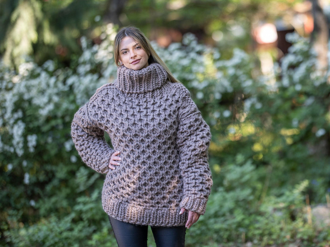 Brown Cable Knit Sweater – Hand-Knitted Women’s Honeycomb Turtleneck Pullover T1198