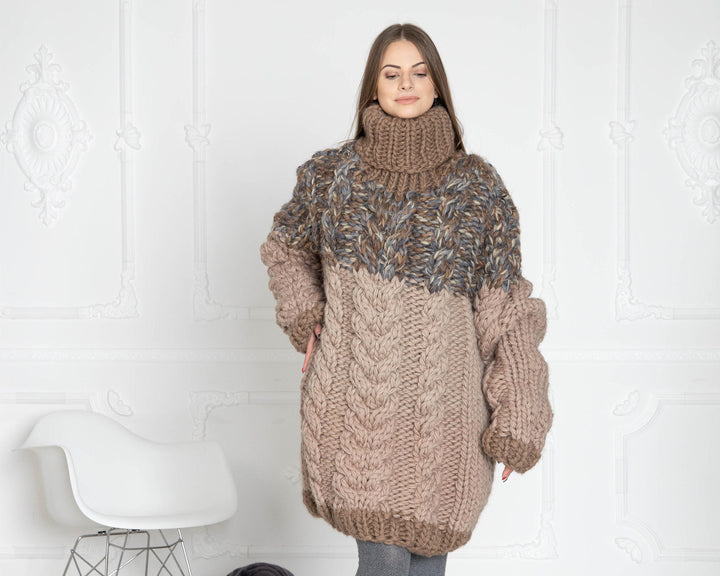 Chunky Cable Turtleneck Sweater – Hand-Knitted Virgin Organic Wool Pullover for Women T631W