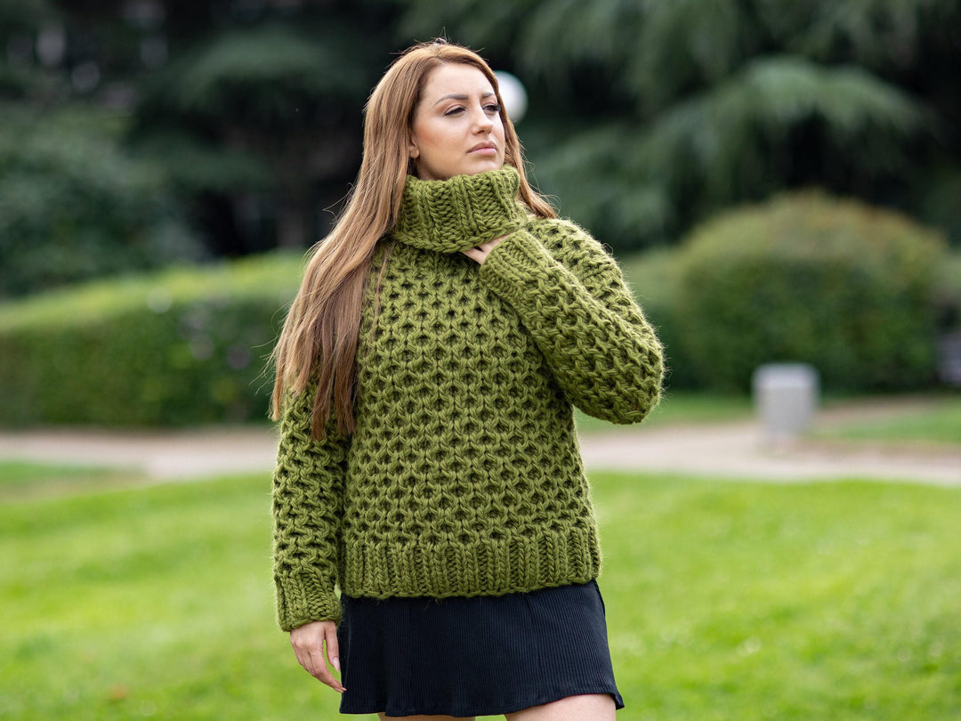 Green Wool Sweater, Hand Knitted Honeycomb Jumper, Chunky 100% Wool Pullover T1096