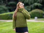 Pull en Laine Vert, Pull Tricoté Main Nid d'Abeille, Gros Pull 100% Laine T1096