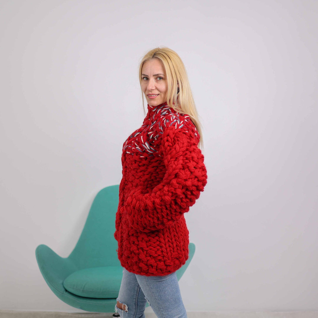 10-Strand Chunky Cable Knit Sweater – Hand-Knitted Wool Blend Pullover with Cables T1885