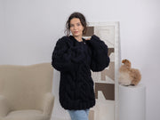 5-fädiger dicker schwarzer Wollpullover – massiver Zopfmuster-Wollpullover T1668
