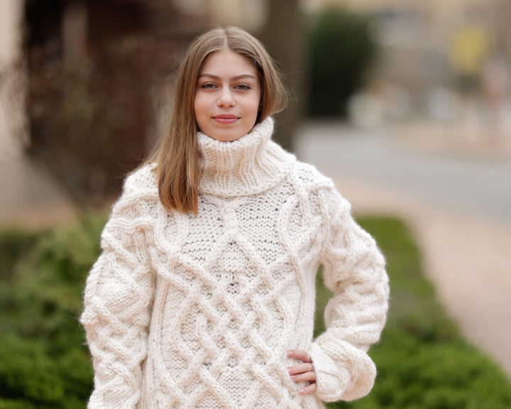 Cream Cable Knit Sweater, Hand Knitted 100% Wool Jumper, Chunky Winter Pullover T1364