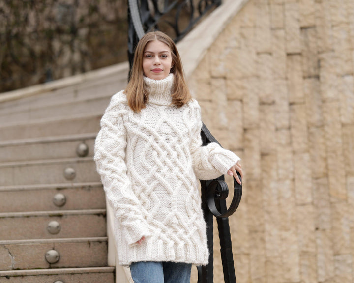 Cream Cable Knit Sweater, Hand Knitted 100% Wool Jumper, Chunky Winter Pullover T1364