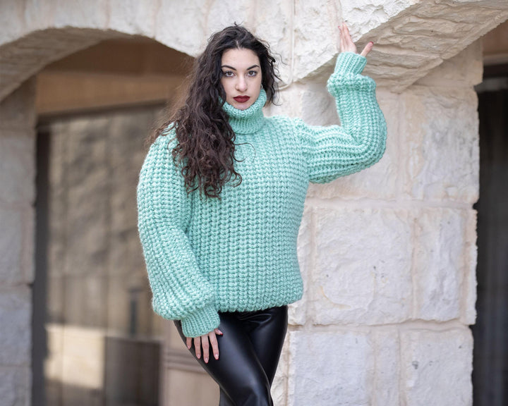 Wool Sweater Blue Turtleneck, Hand Knitted 100% Wool Jumper T1354