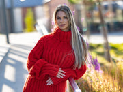 Wollpullover Rot Rippstrick, Handgestrickter Grobstrick-Wollpullover T1262