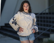 Wollpullover Marineblau Zopfmuster, Handgestrickter dicker Fischerpullover T1441