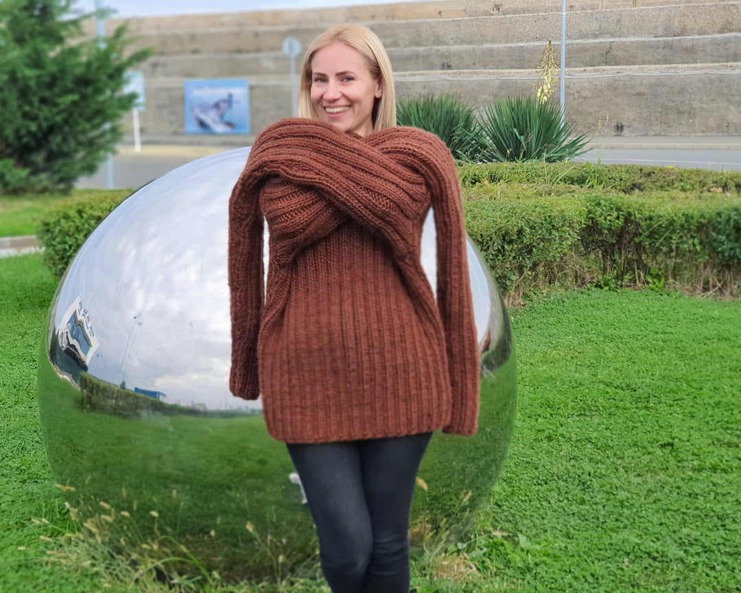 Women’s Brown Ribbed Wool Sweater with Extra Long Sleeves, Hand Knitted Chunky Pullover T922
