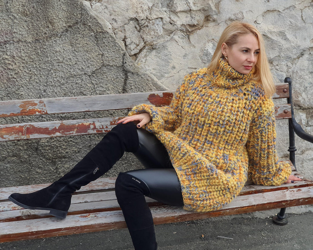 Yellow Mélange Oversized Wool Sweater – Hand-Knitted English Rib Chunky Jumper T954