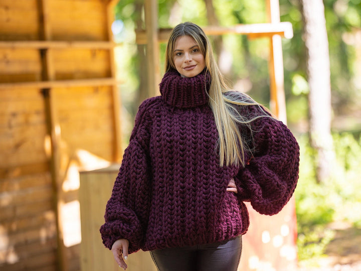 5-Strand English Rib Wool Sweater – Hand-Knitted Cozy Aubergine Winter Pullover T1201