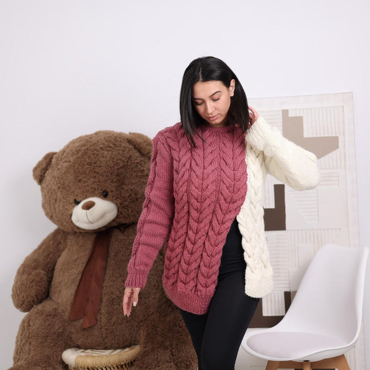 Wool Sweater Asymmetrical Two-Tone Cable Knit, Hand Knitted 100% Soft Wool Pullover T1838