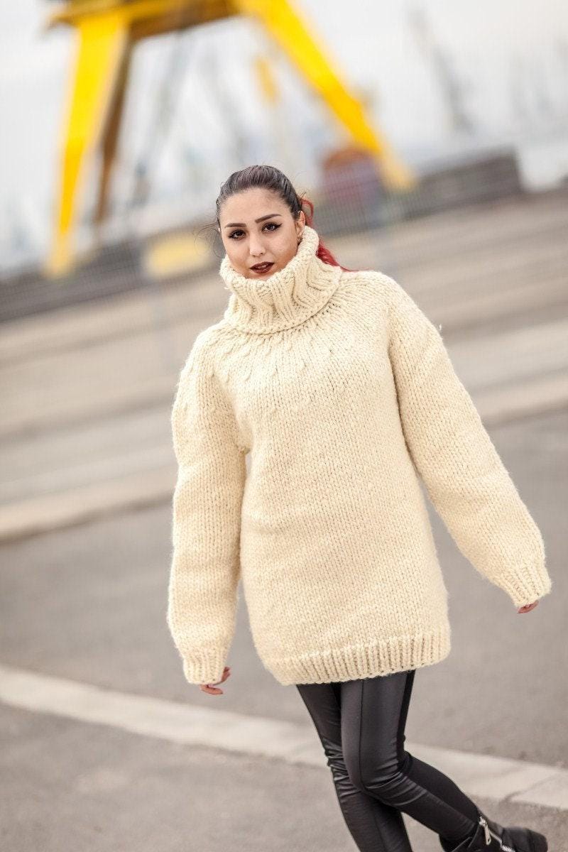 Wool Sweater Turtleneck, Hand Knitted Chunky Oversized Pullover for Men T425