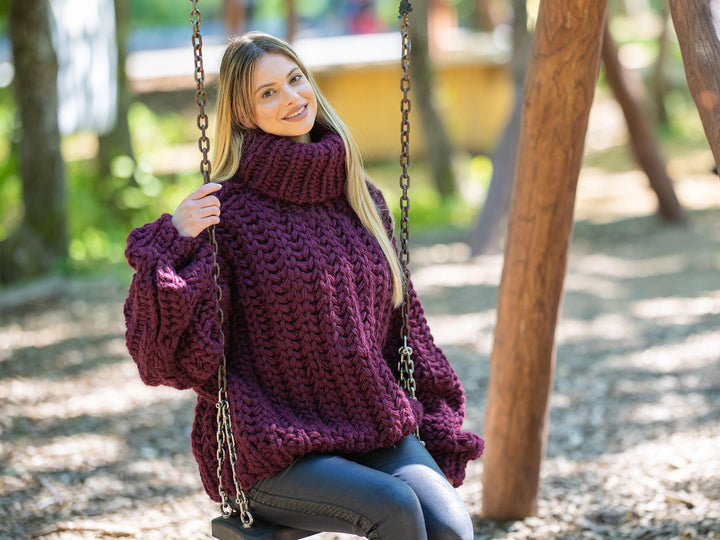 5-Strand English Rib Wool Sweater – Hand-Knitted Cozy Aubergine Winter Pullover T1201