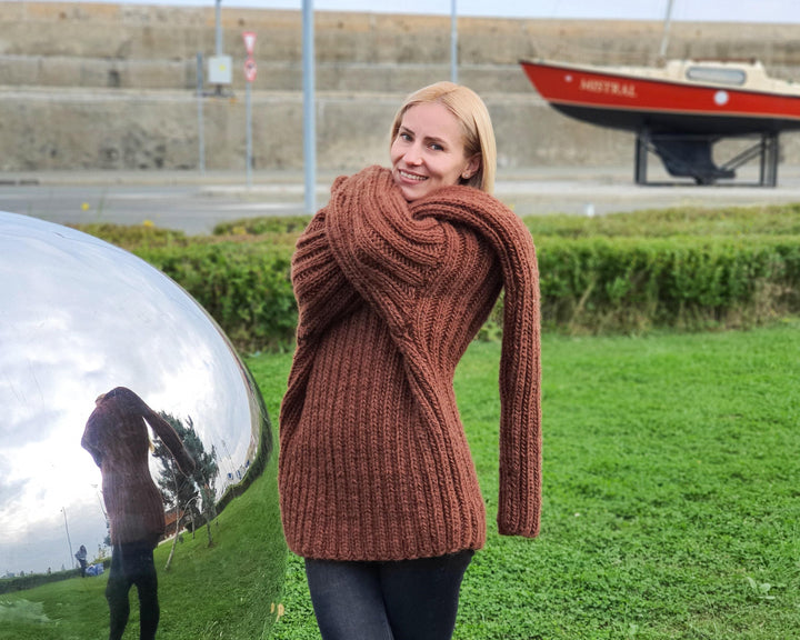 Women’s Brown Ribbed Wool Sweater with Extra Long Sleeves, Hand Knitted Chunky Pullover T922
