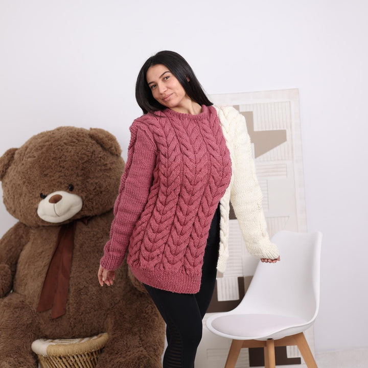 Wool Sweater Asymmetrical Two-Tone Cable Knit, Hand Knitted 100% Soft Wool Pullover T1838