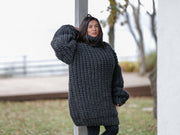 Pull en laine oversize gris à côtes anglaises – Pull épais 100 % laine douce tricoté à la main T1105