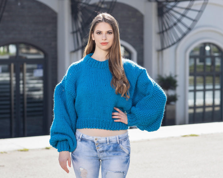 Wool Sweater Blue Short Knit with Oversized Sleeves, Hand Knitted 100% Wool Jumper T1025