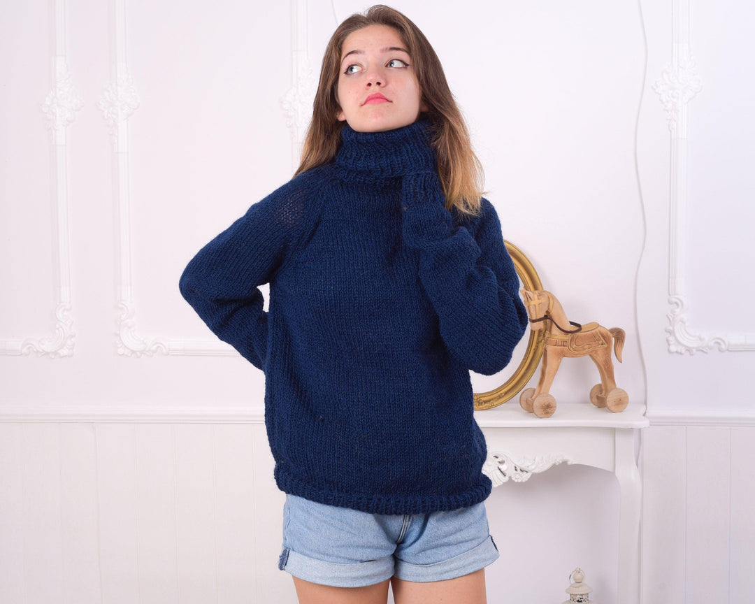 Wool Sweater Men’s Turtleneck, Hand Knitted Chunky Raw Itchy Wool Pullover T824