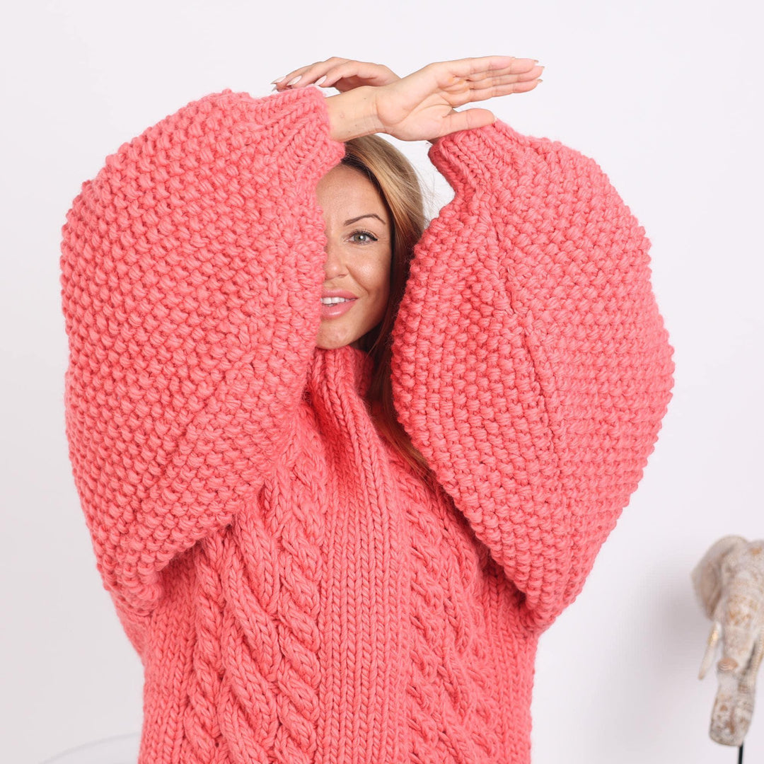 Pink Wool Sweater with Extra Wide Sleeves, Hand Knitted Chunky Wool Jumper T1725