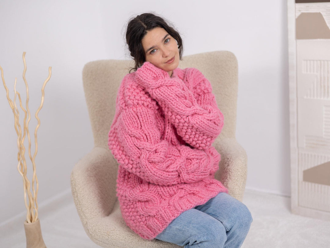 5-Strand Thick Pink Wool Sweater – Massive Cable Knit Woolen Pullover T1665
