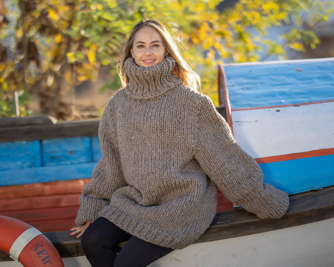 5-Strand Beige Itchy Wool Sweater – Chunky Cozy Winter Jumper T1303