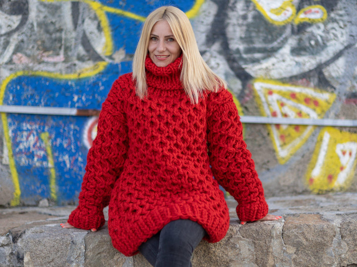 Red Cable Knit Wool Sweater – Hand-Knitted Women’s Chunky Turtleneck Pullover T1083