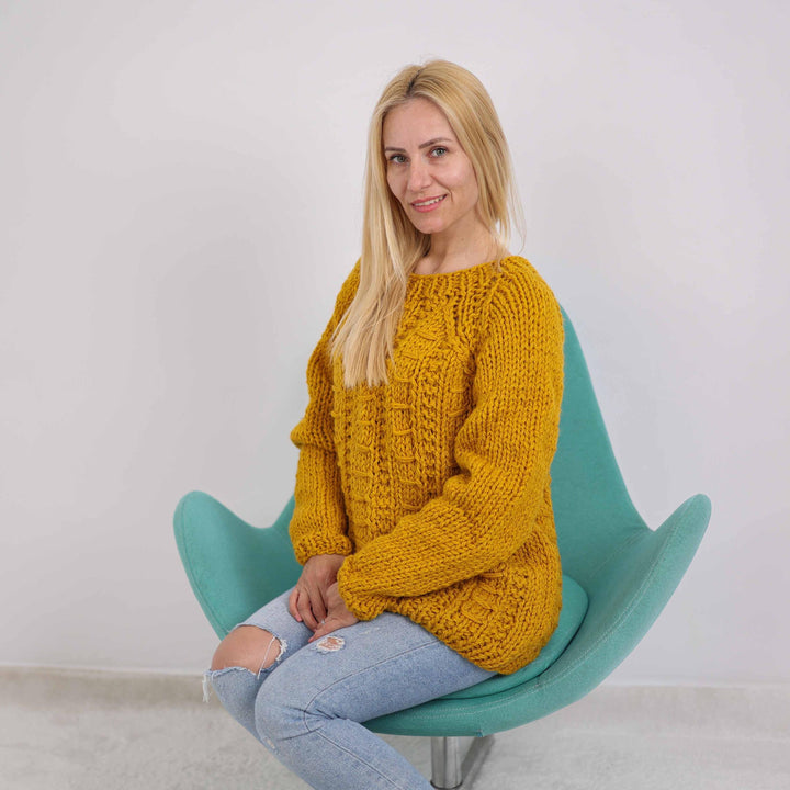 Cable knit 100 % wool sweater, Itchy wool Jumper , Hand knitted Mustard yellow pullover T1886