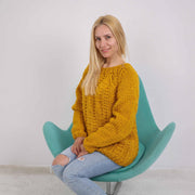 Pull en tricot torsadé 100 % laine, pull en laine qui gratte, pull tricoté main jaune moutarde T1886