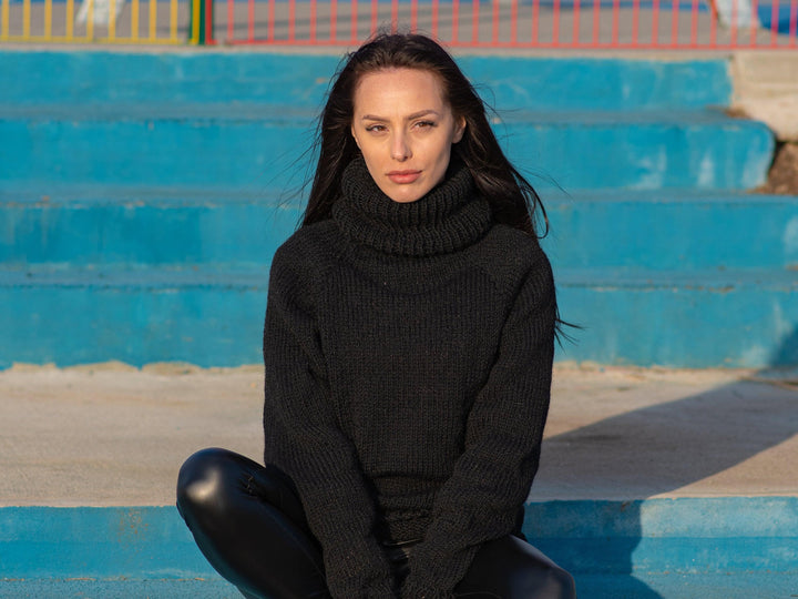 Wool Sweater Black Itchy Knit, Hand Knitted 100% Raw Wool Pullover T1177