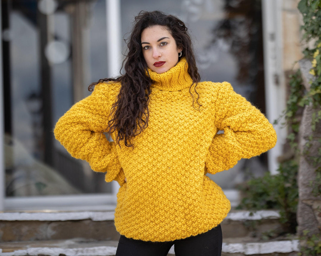 Wool Sweater Yellow Moss Stitch Knit, Hand Knitted 100% Wool Jumper T960