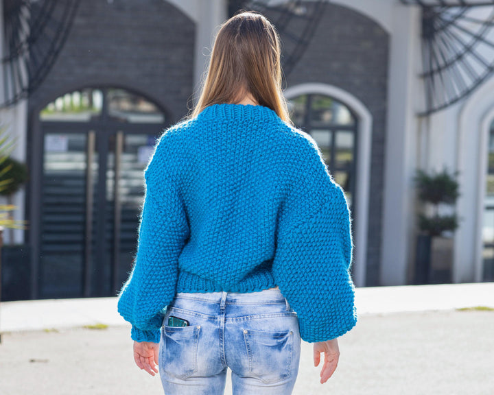 Wool Sweater Blue Short Knit with Oversized Sleeves, Hand Knitted 100% Wool Jumper T1025