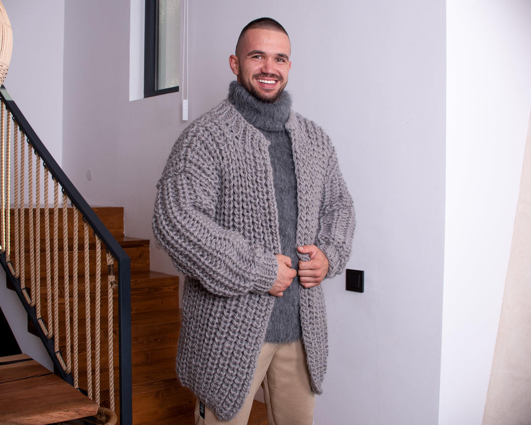 Hand-Knitted Wool Cardigan – Chunky Oversized English Rib Knit Jacket T888M