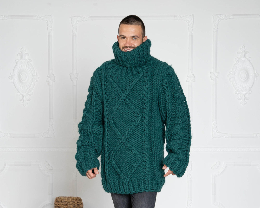 5-Strand Thick Green Wool Sweater – Massive Hand-Knitted Cable Knit Pullover T629M