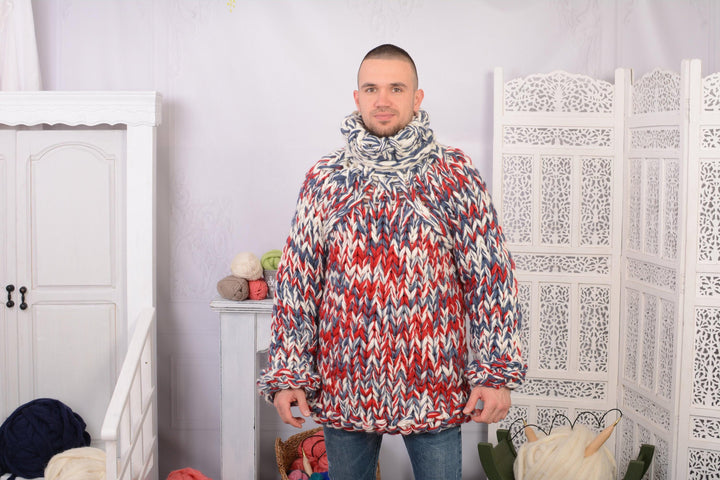 10-Strand Melange Wool Sweater – Hand-Knitted Turtleneck Men’s Pullover T709M