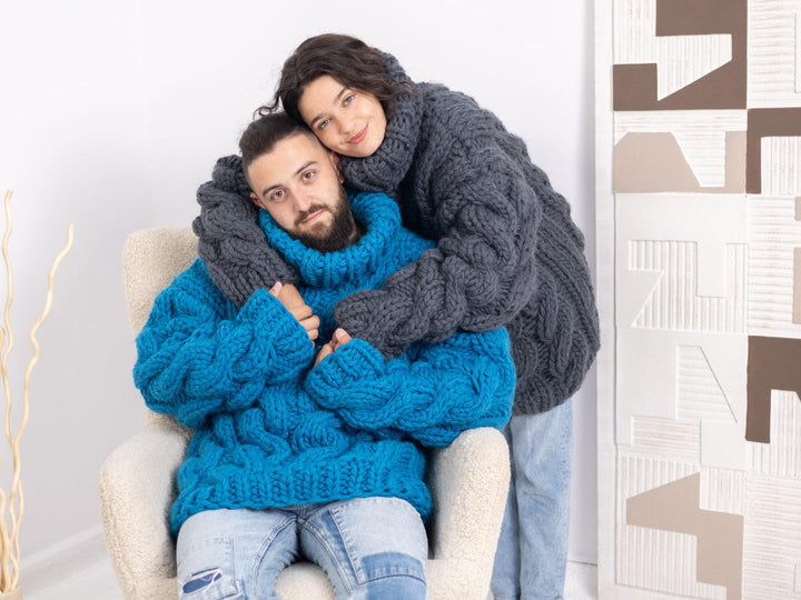 Chunky Blue Wool Sweater – 5-Strand Thick Hand-Knitted Men’s Jumper T1666