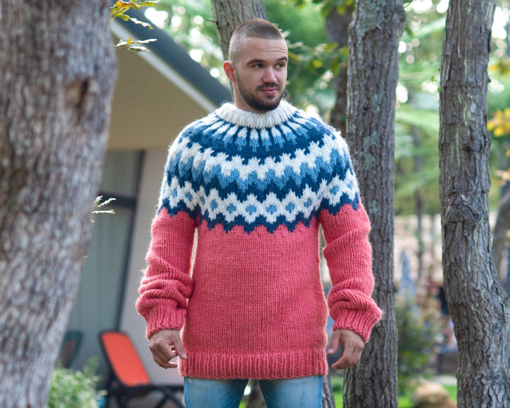 Hand-Knitted Lopi Wool Sweater – Icelandic Style Pink Jumper T823M