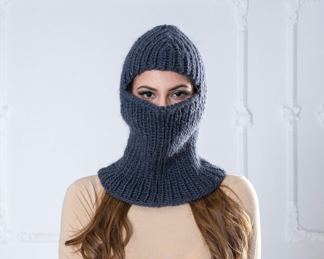 Oversized Gray Wool Hat – Knit Balaclava Beanie for Winter T1012