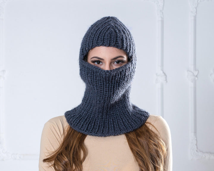 Oversized Gray Wool Hat – Knit Balaclava Beanie for Winter T1012