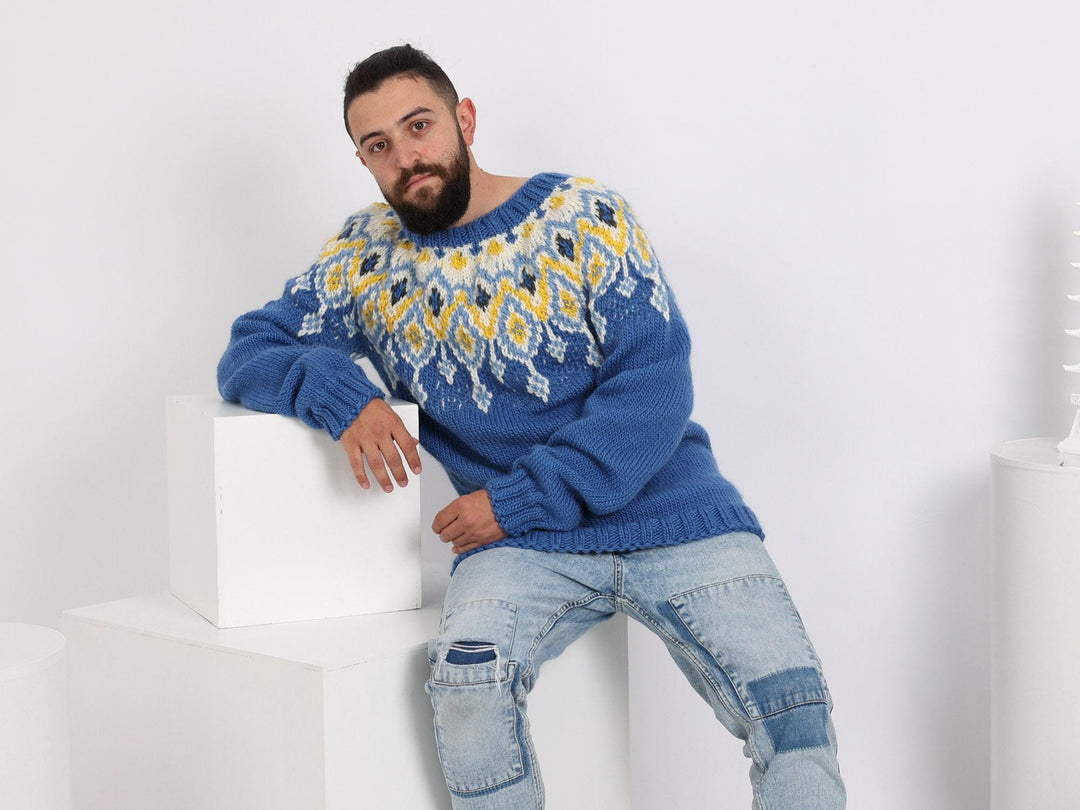 Hand-Knitted Icelandic Sweater – Men’s Blue Lopi Wool Jumper T1631