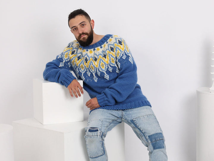 Hand-Knitted Icelandic Sweater – Men’s Blue Lopi Wool Jumper T1631