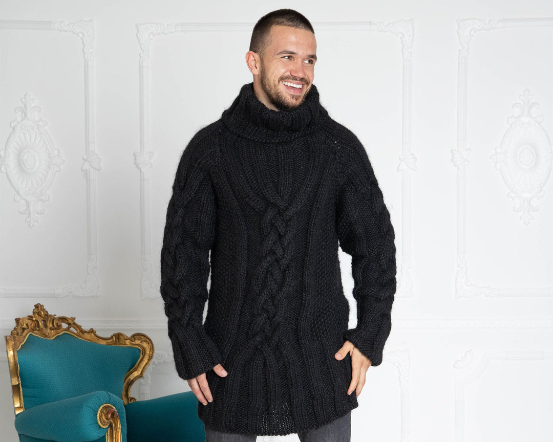 Hand-Knitted Black Wool Sweater – Chunky Cable Knit Woolen Jumper T636