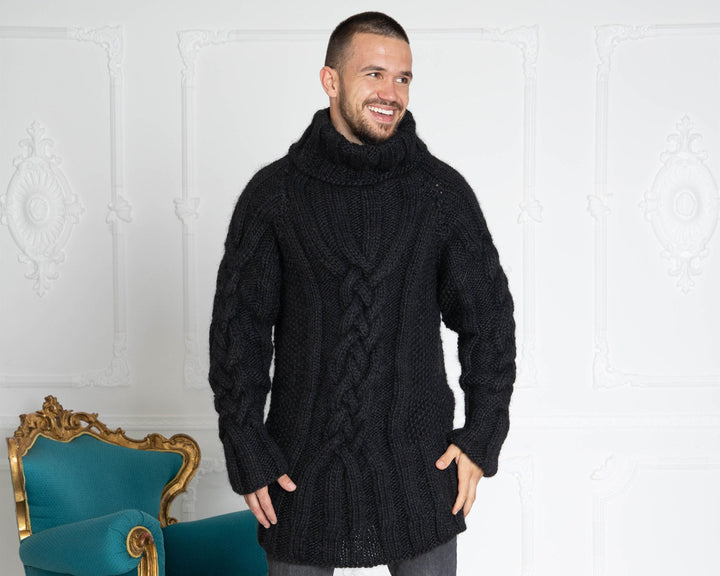 Hand-Knitted Black Wool Sweater – Chunky Cable Knit Woolen Jumper T636