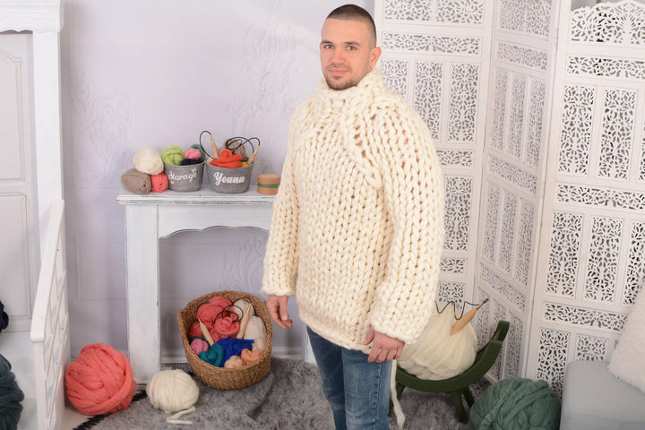 14-Strand Chunky Knit Wool Sweater – Hand-Knitted Cream Wool Pullover T707M
