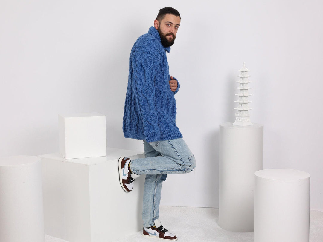 Hand-Knitted Wool Sweater – Blue Cable Knit Men’s Jumper T1630