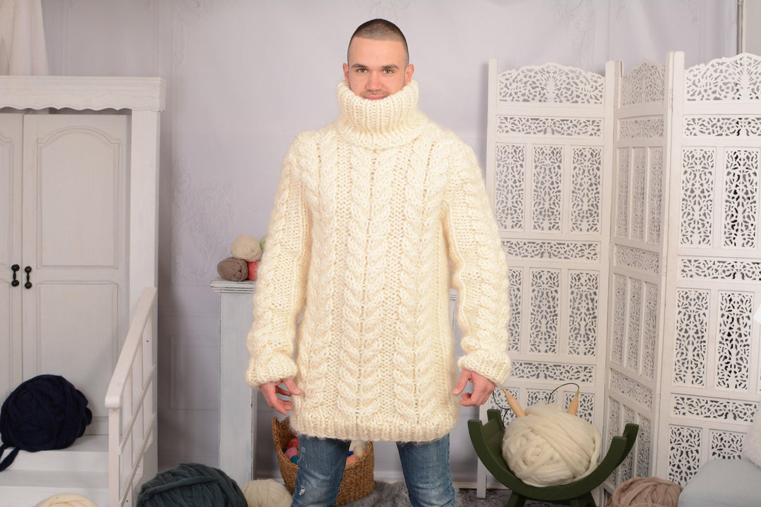 Hand-Knitted Chunky Sweater – Mohair and Soft Wool Blend Turtleneck Jumper T730M