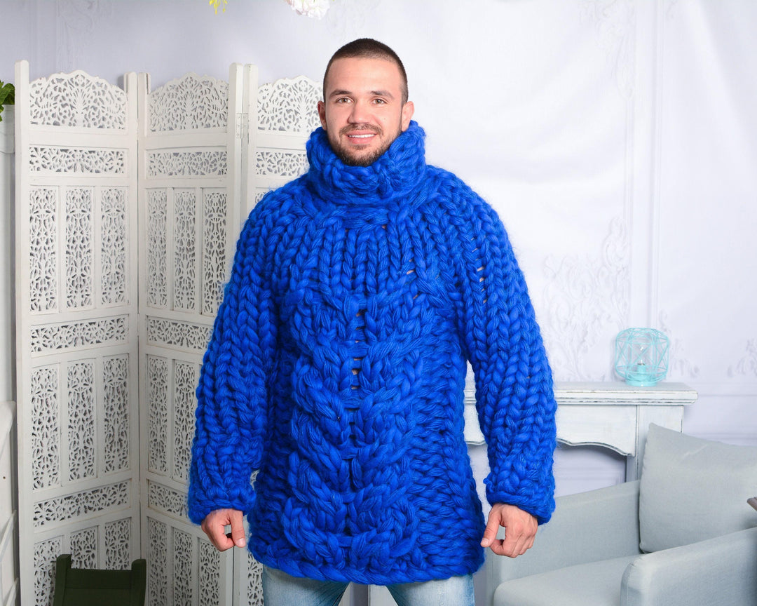 Hand-Knitted Chunky Sweater – Mohair, Merino Roving & Soft Wool Blend Pullover T791M