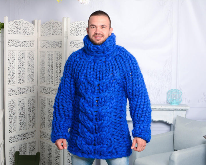 Hand-Knitted Chunky Sweater – Mohair, Merino Roving & Soft Wool Blend Pullover T791M